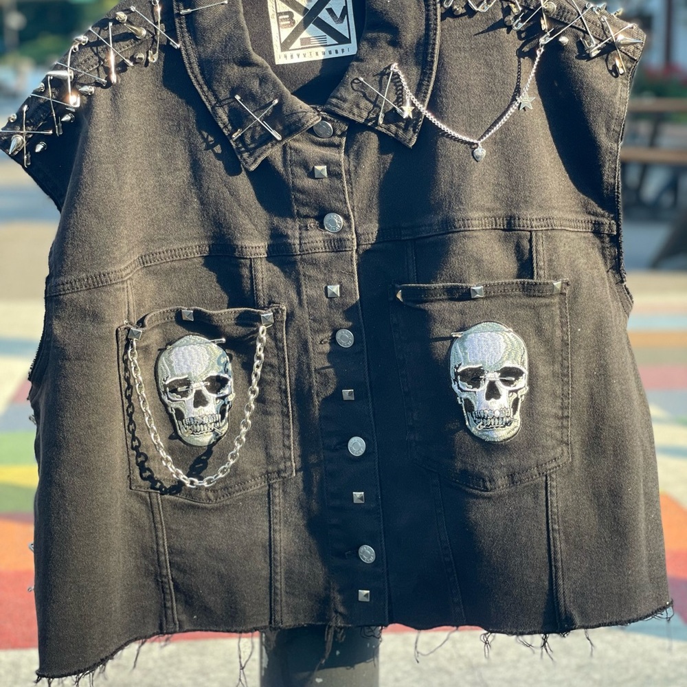 Black Denim Vest with Skull Patches